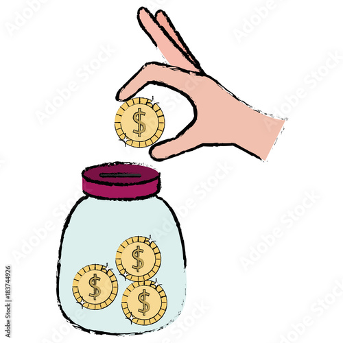 hand saver with glass jar and coins money vector illustration design