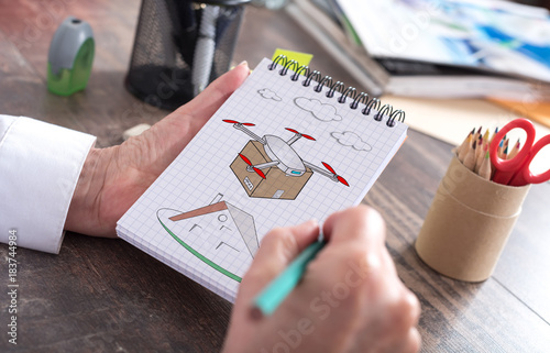 Drone delivery concept on a notepad