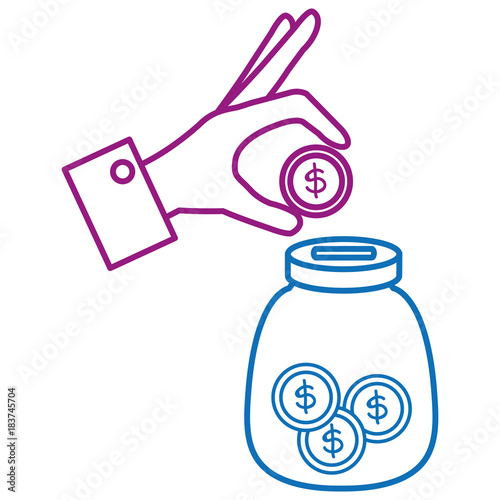 hand saver with glass jar and coins money vector illustration design