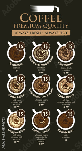 Vector coffee menu card for different types of coffee with a picture of the cups, top view with price on black background