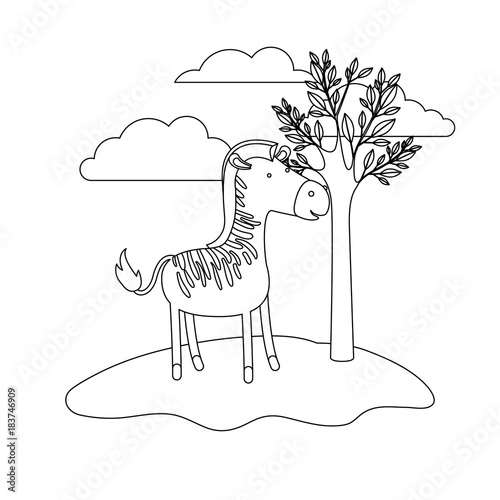 zebra cartoon in outdoor scene with trees and clouds in monochrome silhouette vector illustration