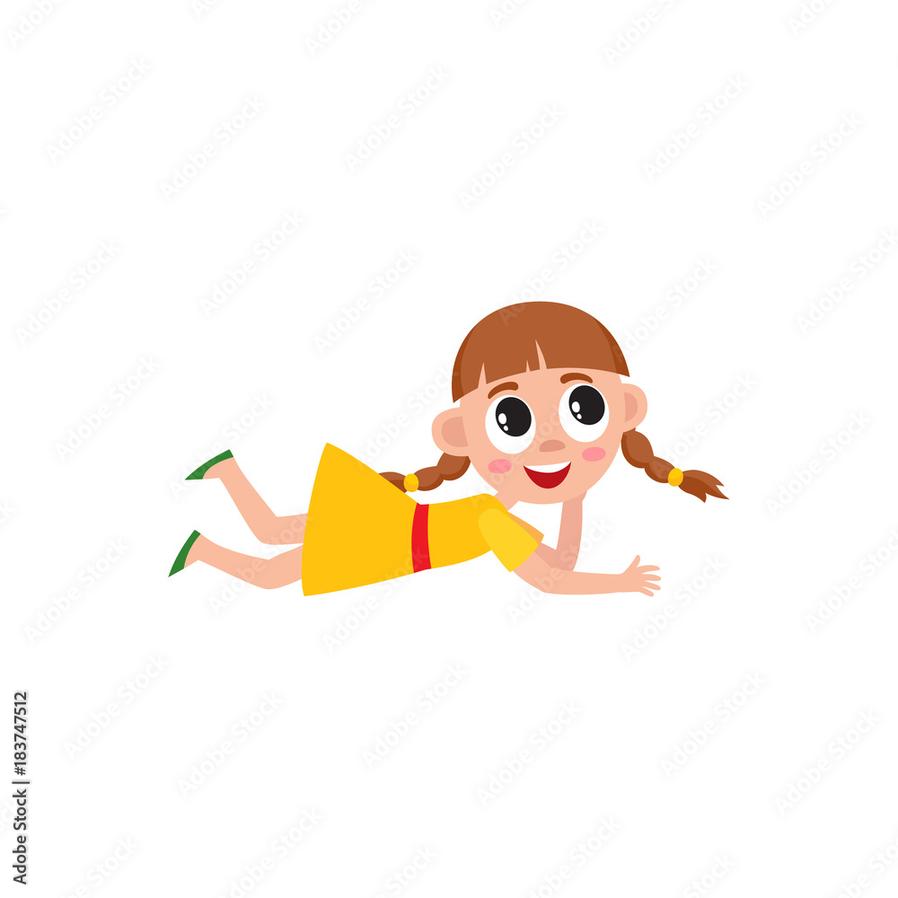 Little preschool, kindergarten girl with two pigtails lying on the floor,  listening, cartoon vector illustration isolated on white background. Funny  girl with pigtails lying on the floor Stock Vector | Adobe Stock