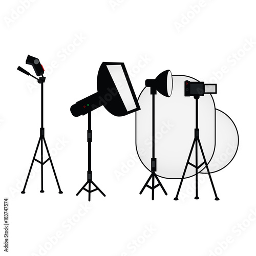 vector flat cartoon photo studio light equipment set. Flash light with softbox, umbrella, searchlight, dslr camera and reflector. Professional photo equipment. Isolated illustration, white background.