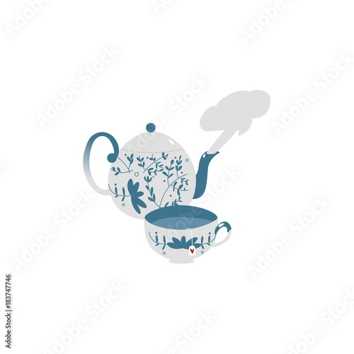 Retro style, antique decorated porcelain teapot and tea cup set, flat vector illustration isolated on white background. Flat style blue and white porcelain teapot with steaming hot tea and one cup
