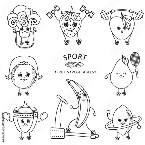 vectorsketch characters doing sport set. Apple, strawberry, pepper, lemon, pear, broccoli banana, orange working out with dumbbell, hoola hoop, skipping rope, treadmill barbell monochrome illustration