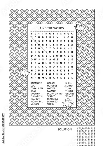 Puzzle and coloring activity page for grown-ups with sea life themed word search puzzle (English) and wide decorative frame to color. Family friendly. Answer included.

