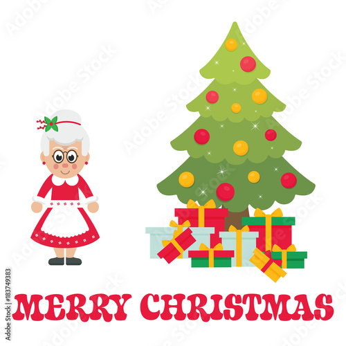 cartoon mrs santa with christmas fir tree and text