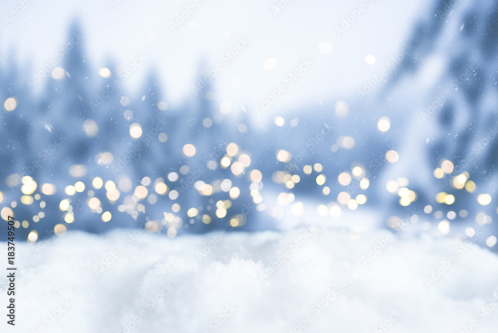 snowy winter christmas bokeh background with circular lights and trees - obrazy, fototapety, plakaty 