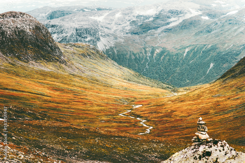 Scandinavian Mountains Landscape Travel scenery autumn colors nordic nature - obrazy, fototapety, plakaty 