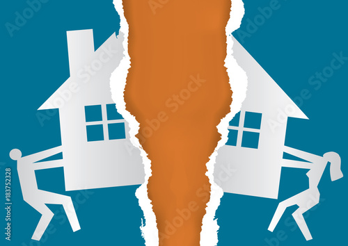 Division of property at divorce.
A divorced couple ripping  paper with the symbol of the house. Vector available.