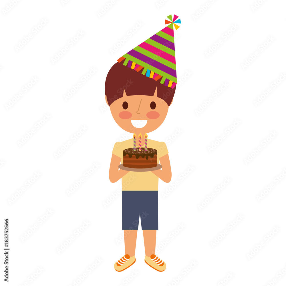 boy holding birthday cake with candles vector illustration