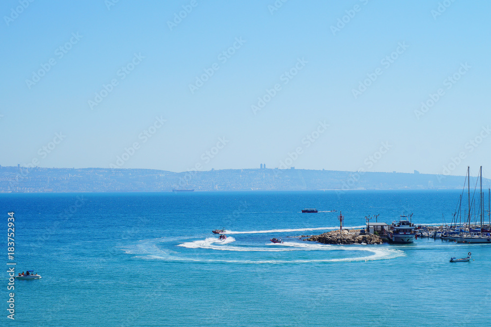 Obraz premium View from old city of Acre (Akko, Acco), with the marine and open sea, Israel.