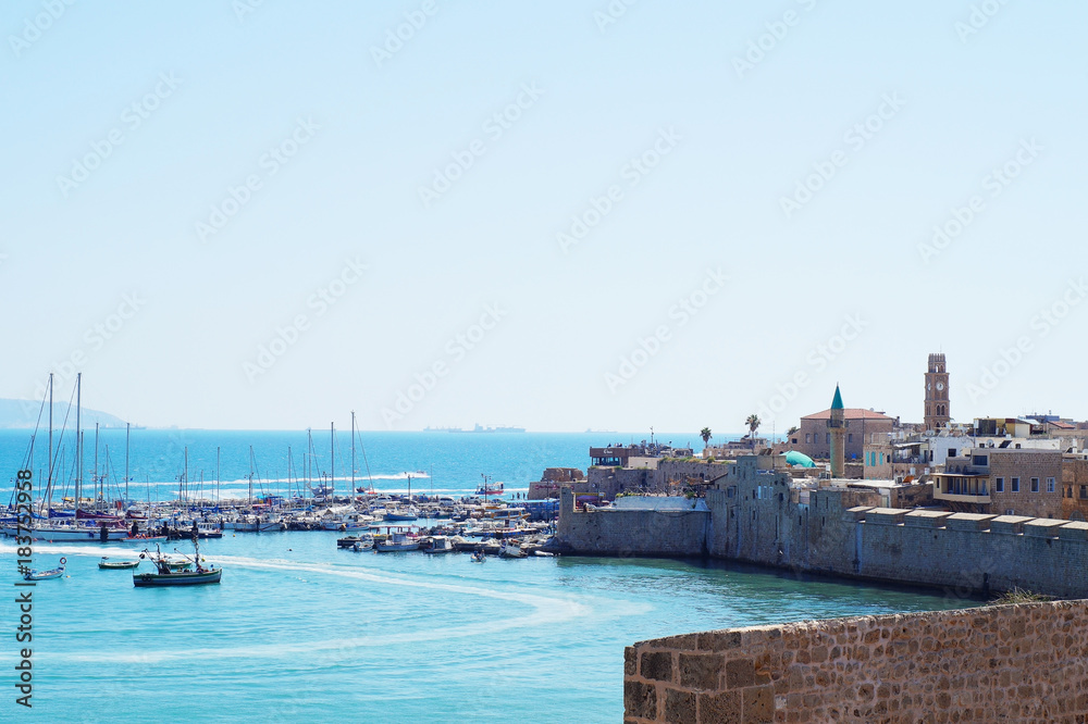 View from old city of Acre (Akko, Acco), with the marine and open sea, Israel.