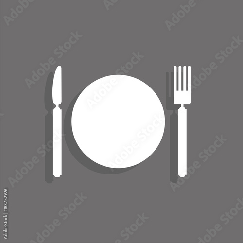 Table knife, fork and plate. Vector icon.