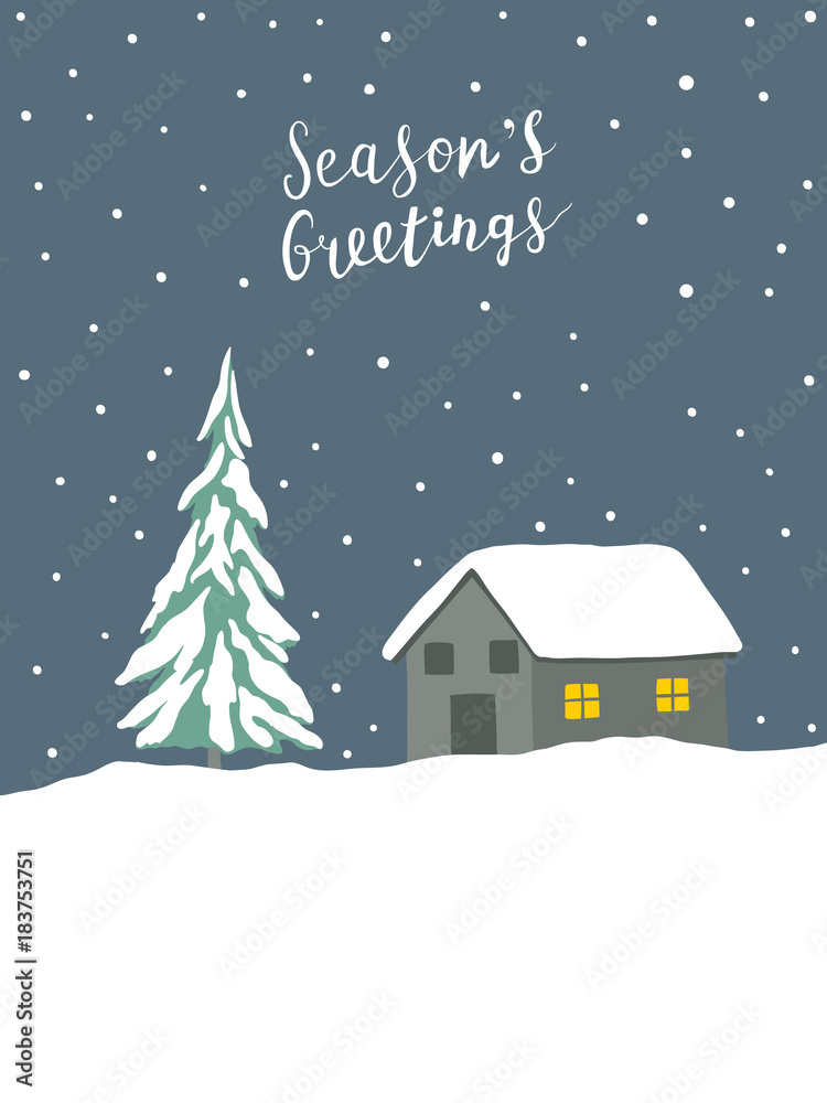 Christmas greeting card with winter landscape and hand written lettering