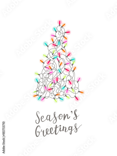 Christmas greeting card with Christmas tree made of tangled christmas lights