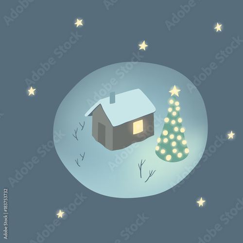 Christmas greeting card with cabin and decorated Christmas tree