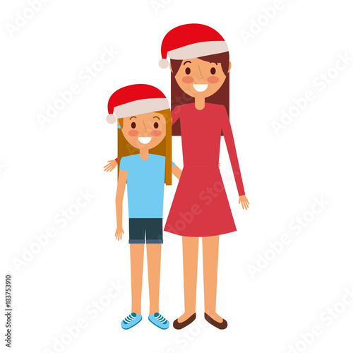 mom embracing her daughter wearing christmas hat vector illustration
