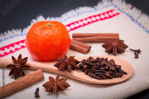 Assortment spice star anise, cinnamon sticks, cloves and orange for hot wine