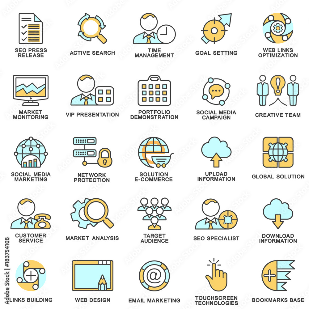 Fototapeta premium Modern SEO contour icons of web optimization, marketing, management and design. The thin contour lines with color fills.