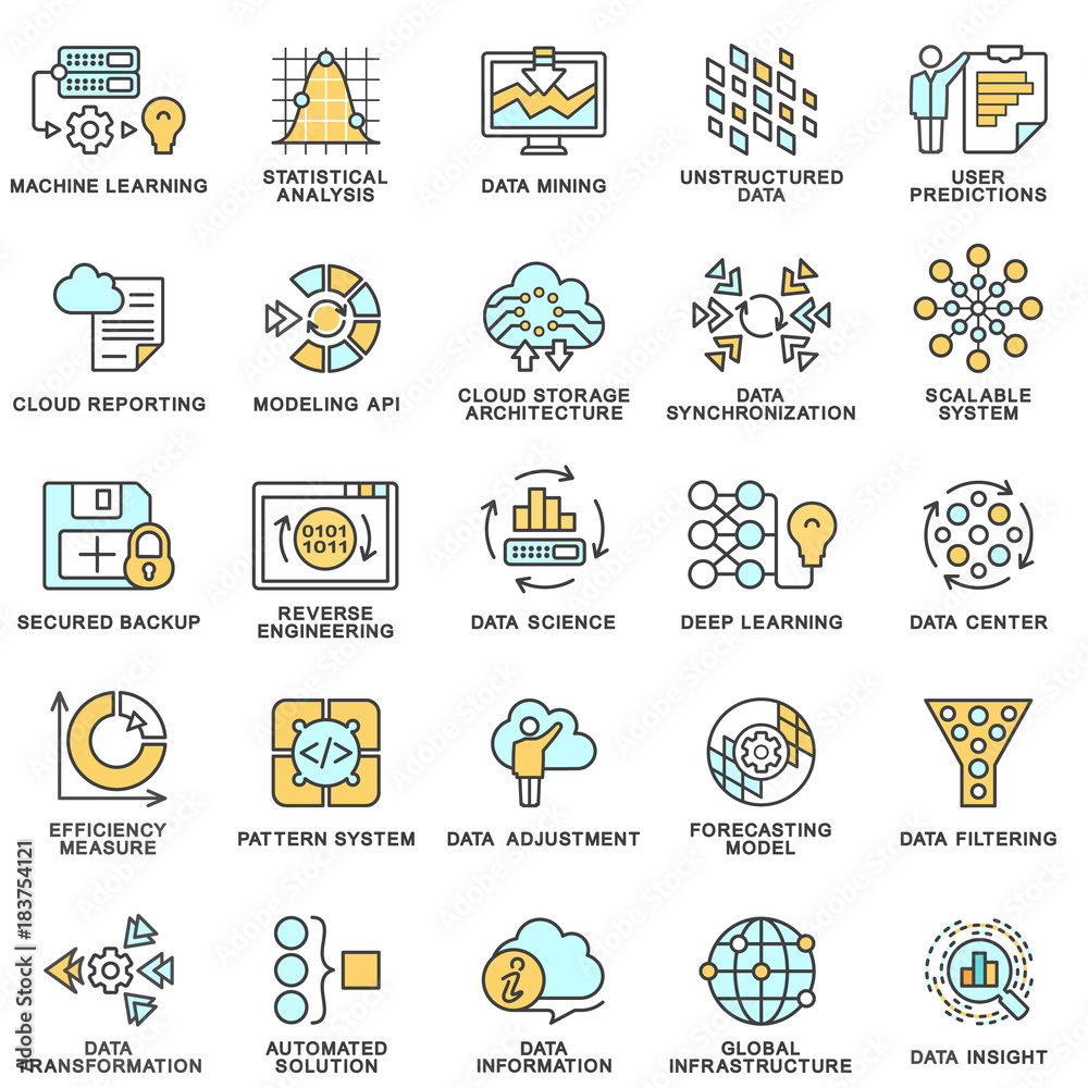 Modern contour icons database processing methods of data. Data science technology, machine learning process. The thin contour lines. Modern contour icons database processing methods of data. Data science technology, machine learning process. The thin contour lines.