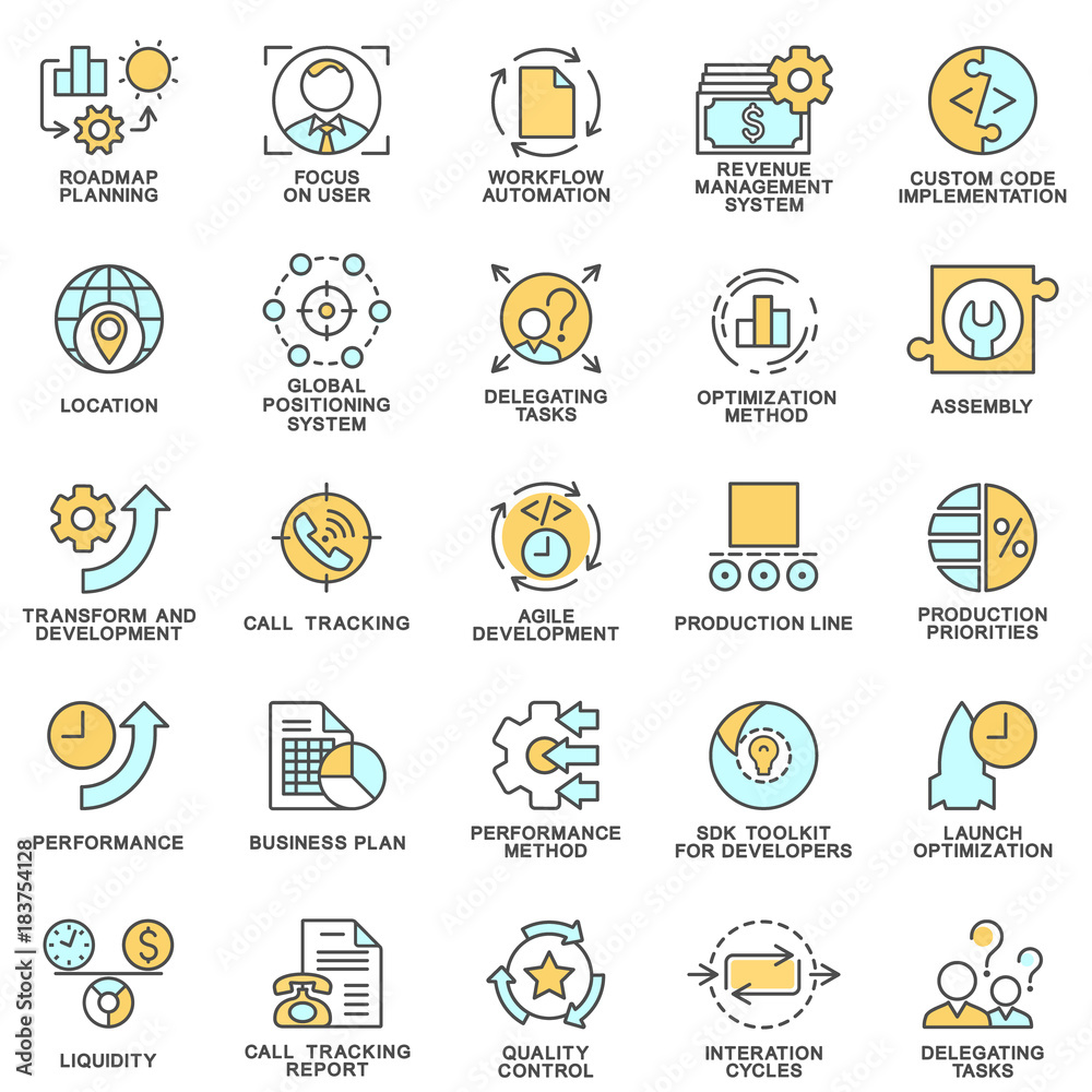 Fototapeta premium Icons set of production management. The thin contour lines.