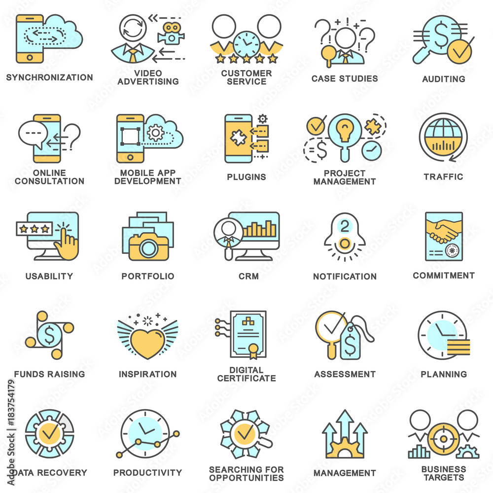 Fototapeta premium Icons for e-business. The thin contour lines. The thin contour lines with color fills.
