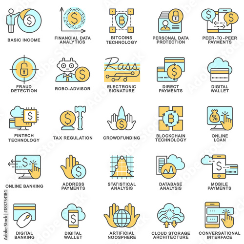 Icons of fintech technologies in the sphere of safe payments, money transfers, financial analytics.. The thin contour lines with color fills.