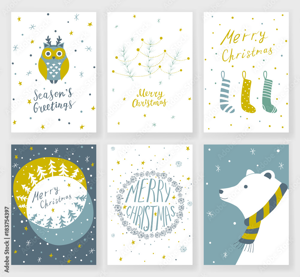 Set of 6 Christmas greeting cards with hand drawn decorative elements and lettering