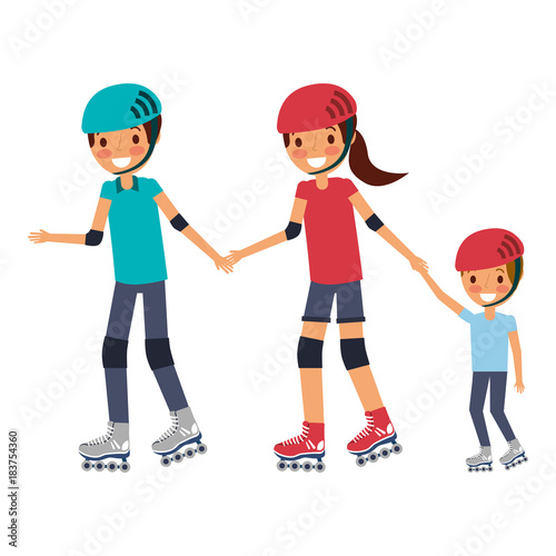 dad mom and son with roller skate and helmet vector illustration