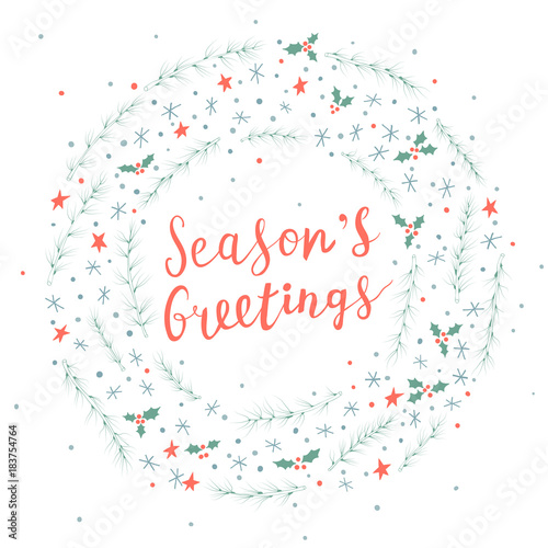 Christmas greeting card with round frame made of conifer branches, holly, stars and snowflakes