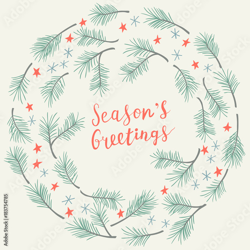 Christmas greeting card, round frame made of pine branches