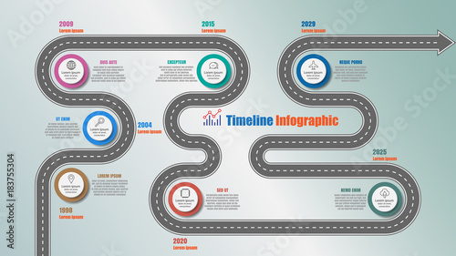 Road map timeline infographic with 7 steps circle designed for template brochure diagram planning presentation process webpages workflow. Vector illustration