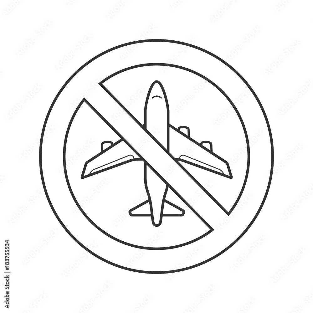 Forbidden sign with airplane linear icon Forbidden sign with airplane linear icon