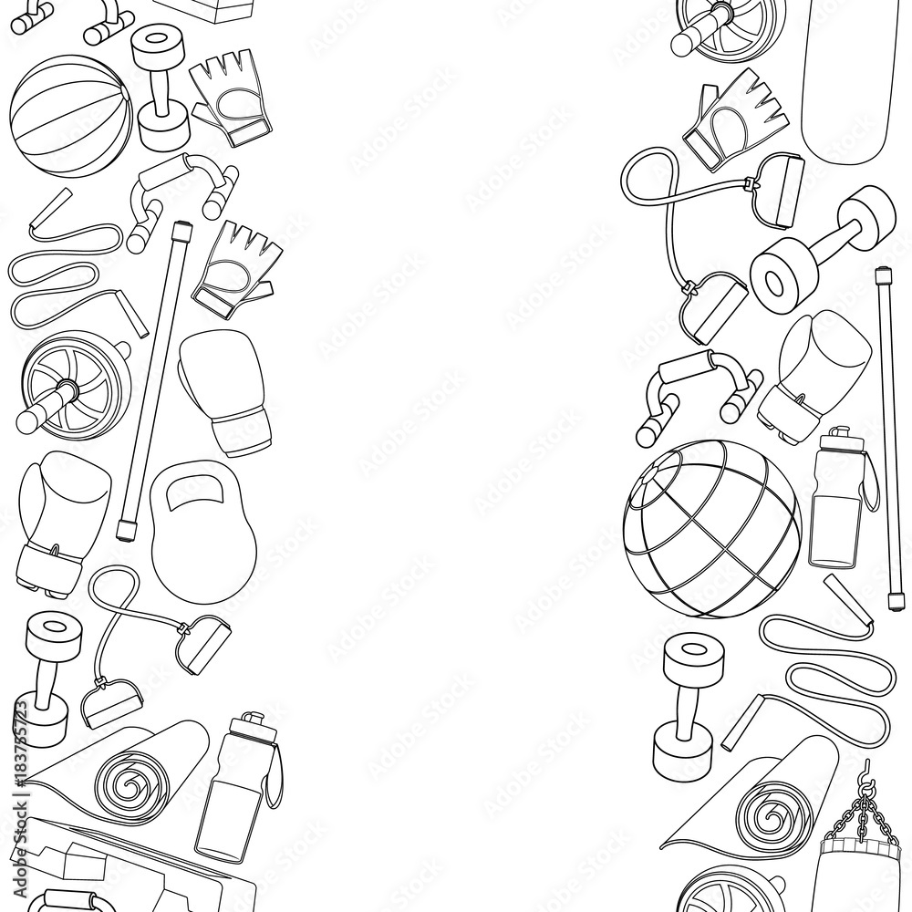 Seamless vertical borders of fitness accessories, sketch cartoon illustration of gym equipment for home exercise. Vector