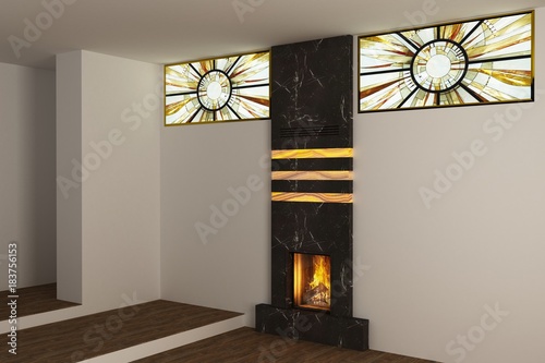 Original fireplace in the light interior of home photo