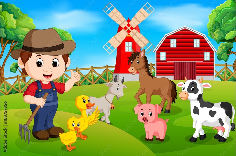 Fototapeta premium Farm scenes with many animals and farmers