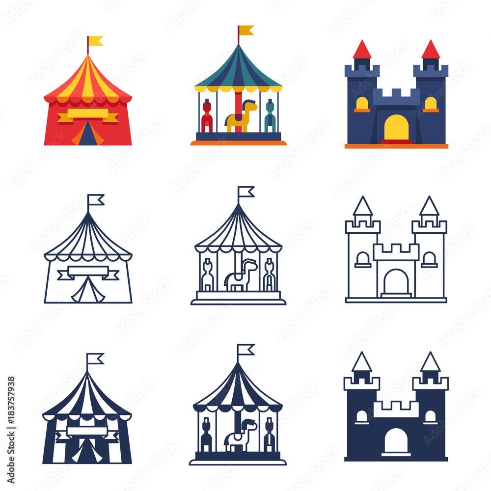 Amusement park circus carnival icons collection
