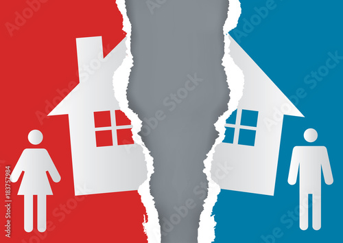 Division of property at divorce.
A divorced couple and ripped paper with the symbol of the house. Vector available.