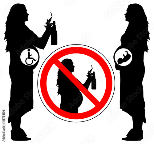 Using alcohol and smoking cigarette of pregnancy woman can lead to disability of baby, vector.