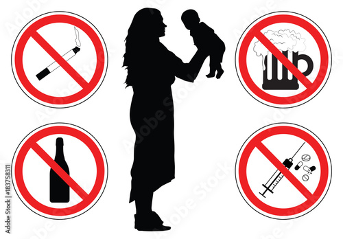 Woman with baby, silhouette, prohibition signs of drugs, vector
