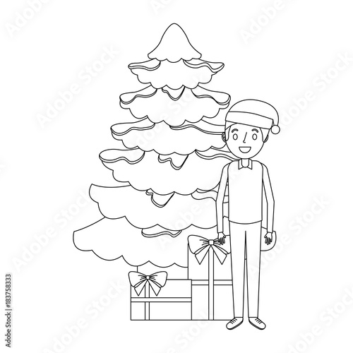 dad standing with the christmas tree and gift boxes vector illustration outline
