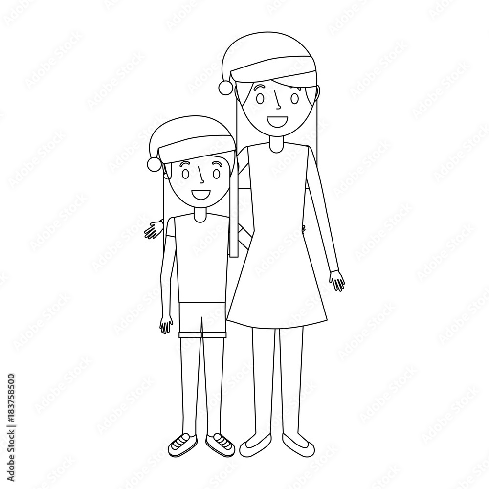 mom embracing her daughter wearing christmas hat vector illustration outline
