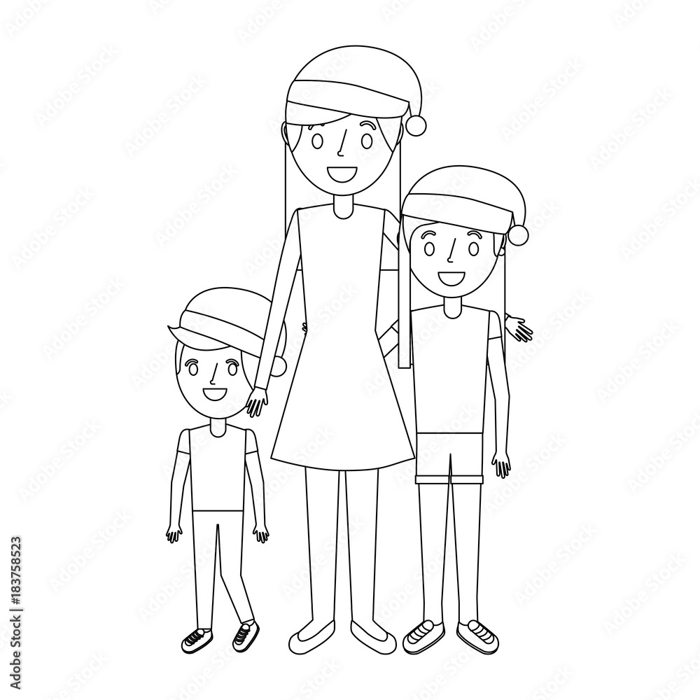 family mom and their kids with christmas hat vector illustration outline
