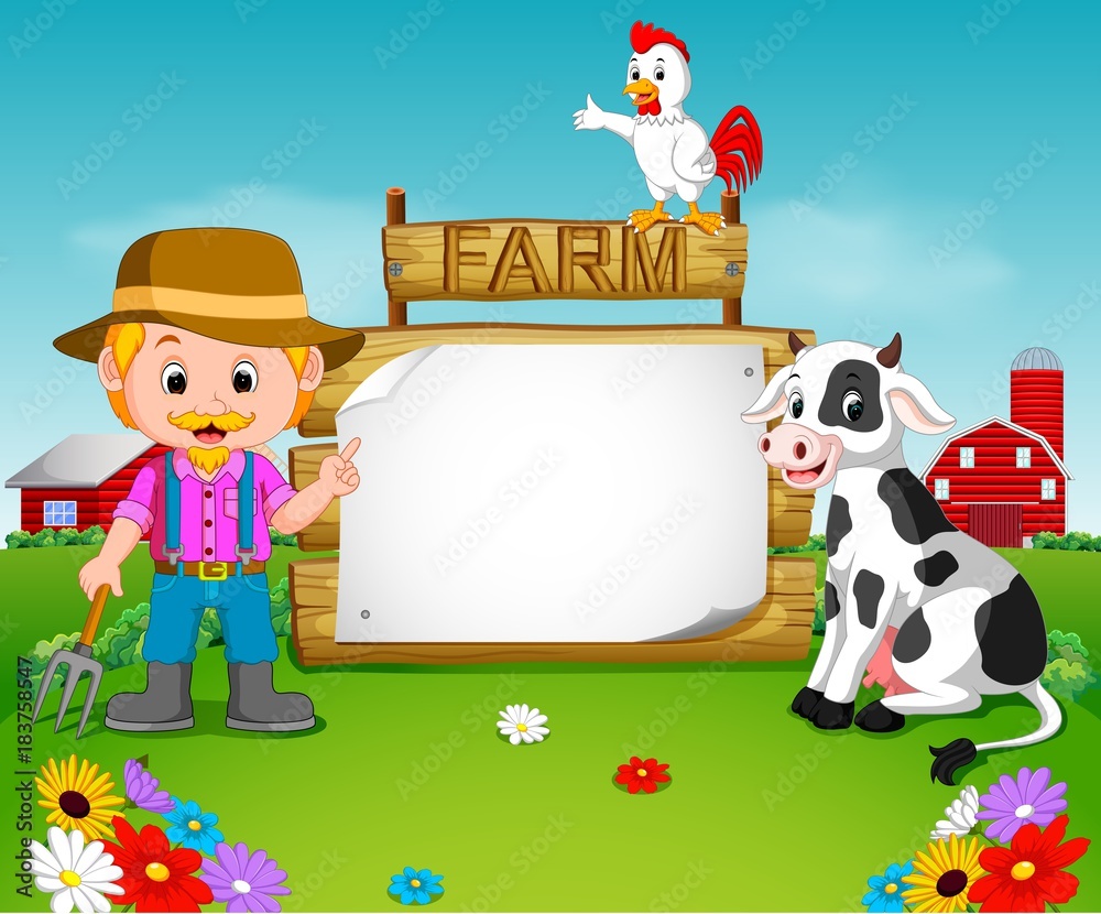 Fototapeta premium farmer with a blank wooden sign