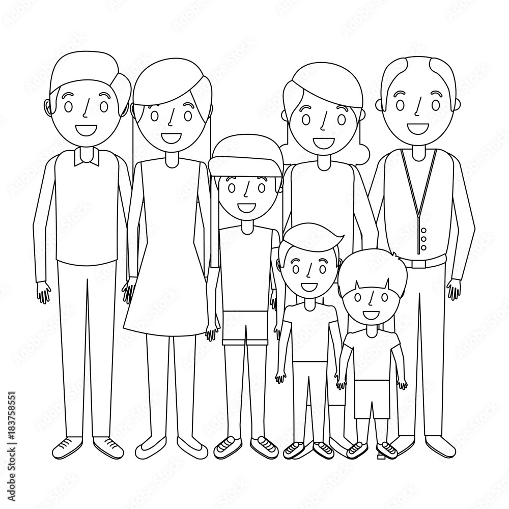 happy family parents son daughter and grandparents together vector illustration outline happy family parents son daughter and grandparents together vector illustration outline
