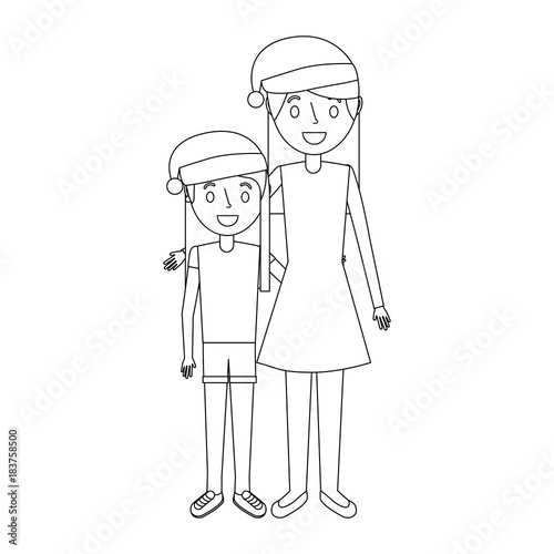 mom embracing her daughter wearing christmas hat vector illustration outline