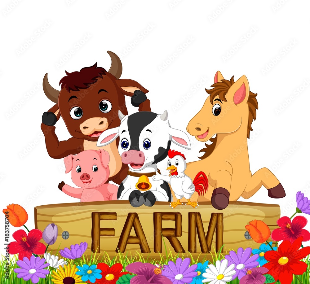 Collection farm animals in the garden