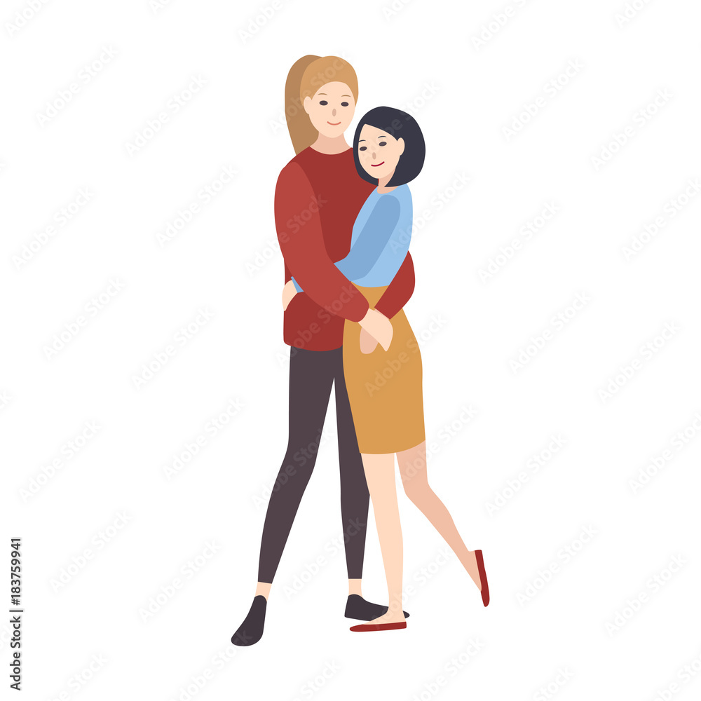 Pair of young happy women dressed in casual clothing, standing together, hugging and smiling. Lesbian couple. Flat cartoon characters isolated on white background. Colorful vector illustration. Pair of young happy women dressed in casual clothing, standing together, hugging and smiling. Lesbian couple. Flat cartoon characters isolated on white background. Colorful vector illustration.