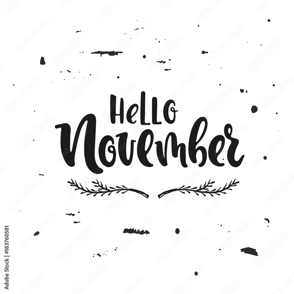 Fototapeta premium Vector hand drawn illustration. Hello November. Poster, postcard. Lettering.